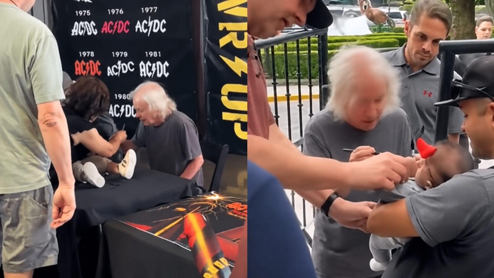Angus Young autografa bebê durante evento do AC/DC e cena viraliza